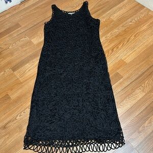 Vintage Soulmates, sleeveless hand crochet black silk floral maxi dress. Size 1X